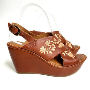 Born Womens Wedge Sandals Sz 8 Brown Leather Platform Floral Embroidered Comfort